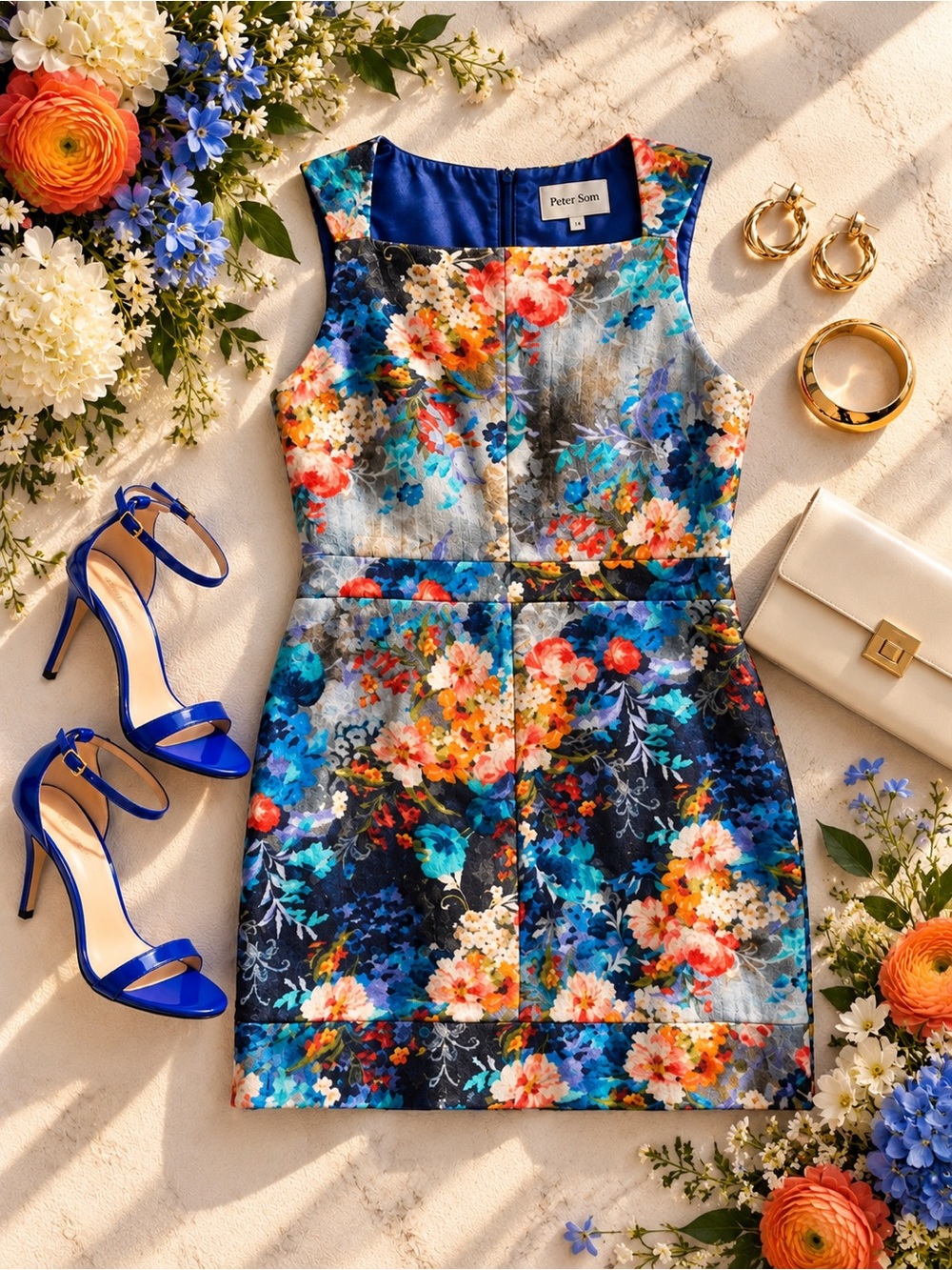 Peter Som Runway Floral Print Shift Mini Dress Blue Orange Size 14 NWT